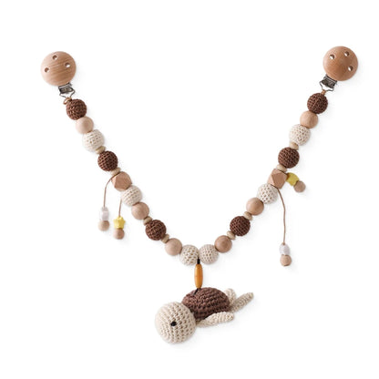 Wooden baby gym or stroller hanger – crocheted animals &amp; beads