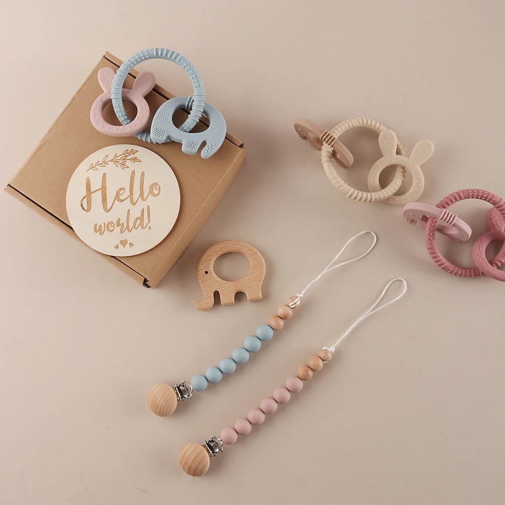 Baby gift set teething set – elephant &amp; rabbit – silicone pacifier cord &amp; wooden milestone card – maternity gift
