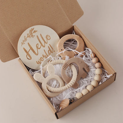 Baby gift set teething set – elephant &amp; rabbit – silicone pacifier cord &amp; wooden milestone card – maternity gift