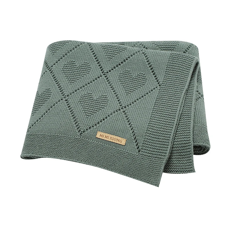 Knitted baby blanket cotton with hearts – 90x70 cm – for crib, stroller &amp; swaddle