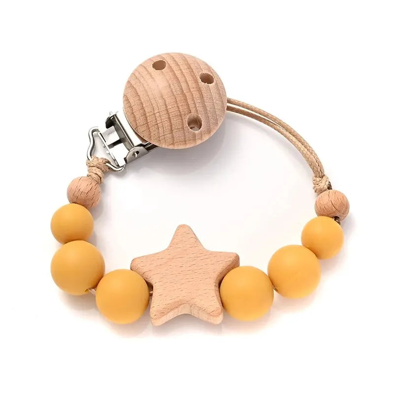 Pacifier clip with wooden teething ring – silicone beads &amp; star – BPA-free – baby gift