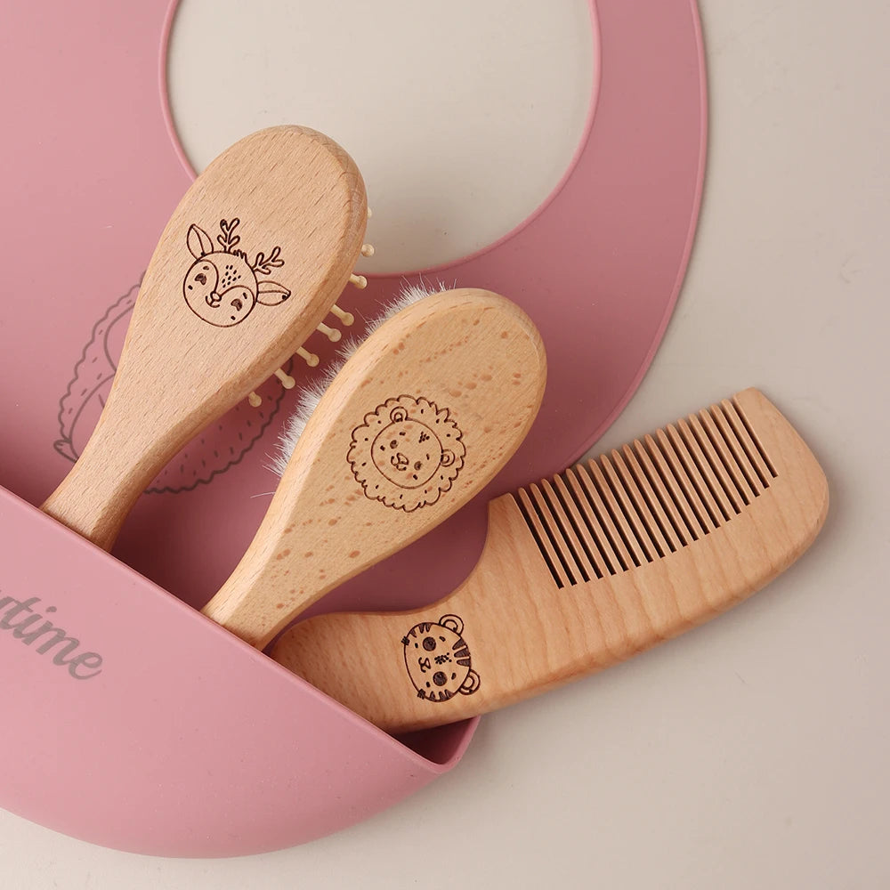 Baby gift set – hair care set with comb, brush &amp; air cushion brush – natural beech wood &amp; wool - maternity gift in gift box