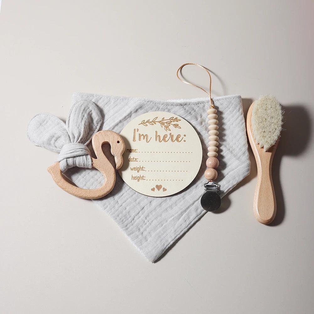 Baby gift set – bib, teething ring, pacifier clip &amp; brush – flamingo theme – maternity gift in gift box