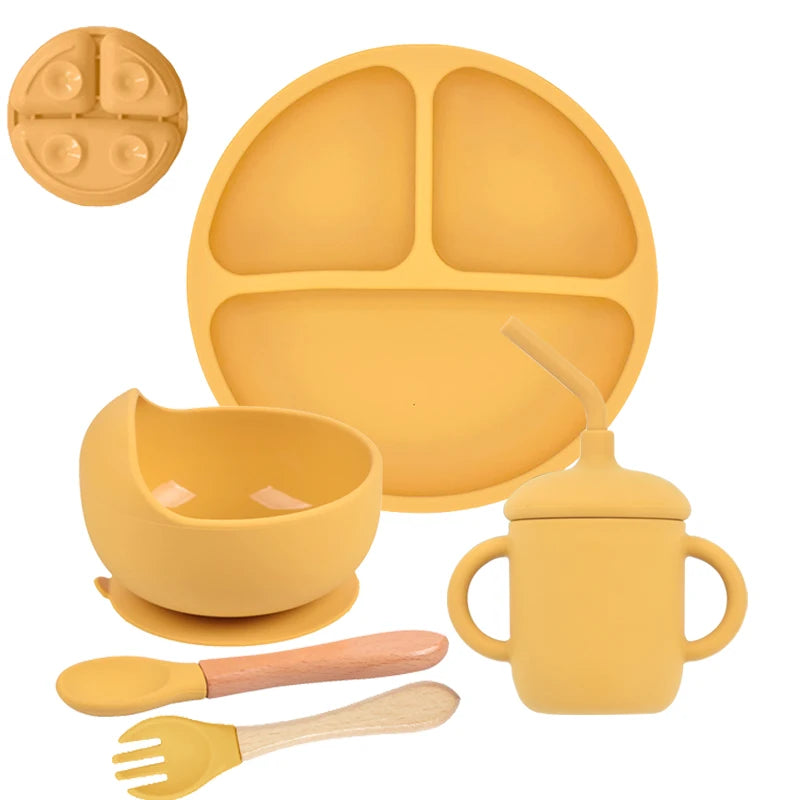 5-Piece Silicone Children's Dinnerware Set - Non-Slip Plate, Bowl, Spoon &amp; Fork - BPA-Free