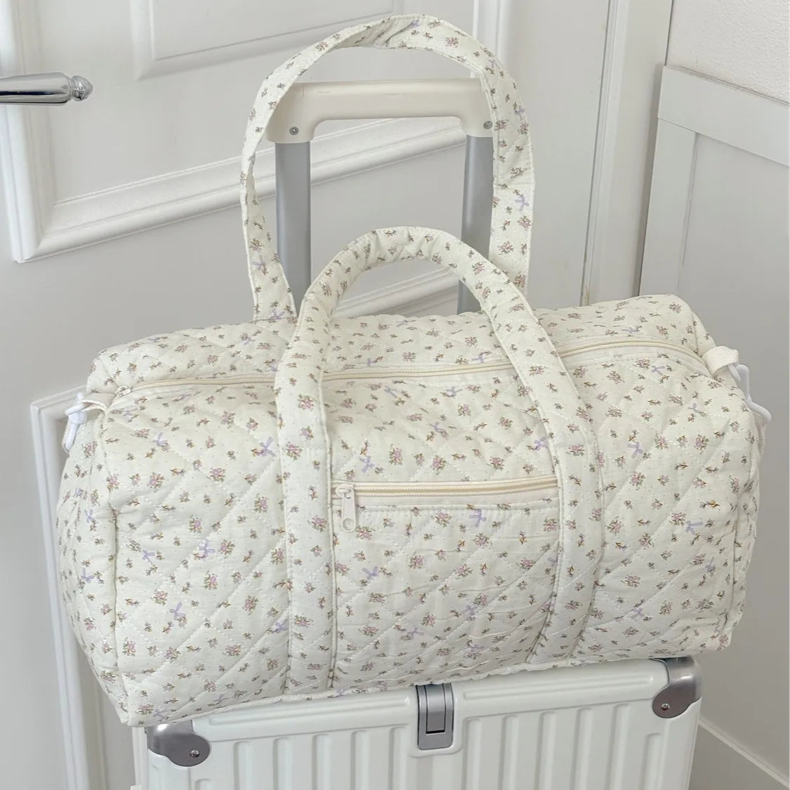 Quilted cotton mommy travel bag – 40x27x22 cm – large capacity – floral print &amp; crossbody