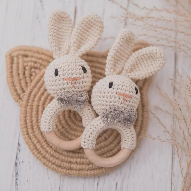 Crocheted baby rattle &amp; wooden teething ring – BPA-free