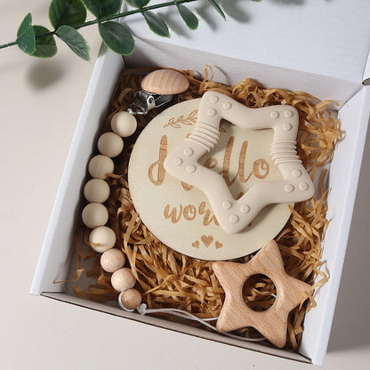 Baby gift set – teething ring, pacifier clip &amp; milestone card – maternity gift in a gift box