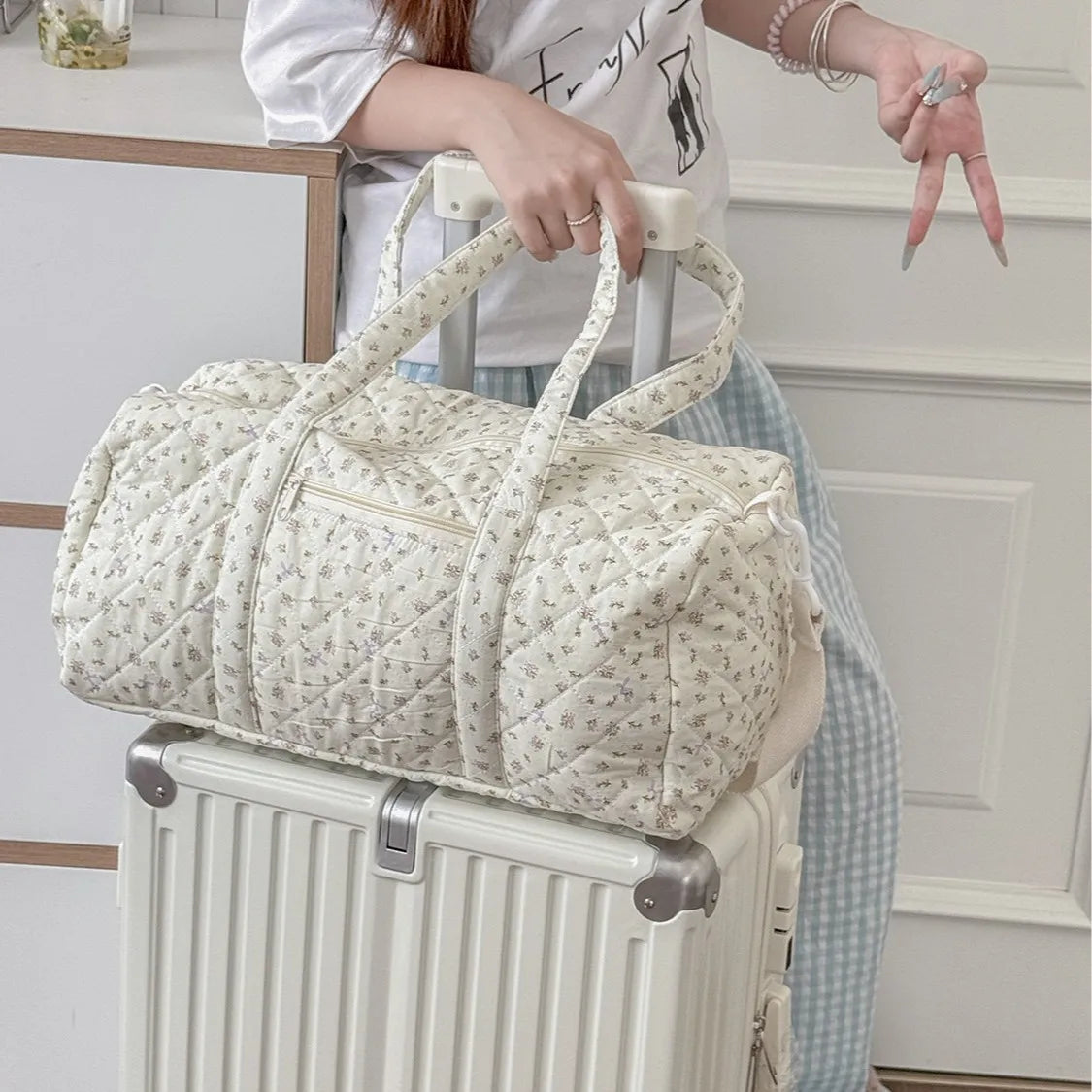 Quilted cotton mommy travel bag – 40x27x22 cm – large capacity – floral print &amp; crossbody