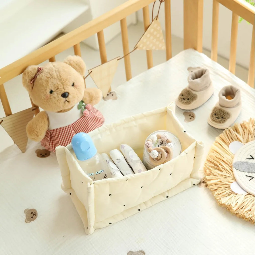 Cotton storage basket with floral print - quilted - multifunctional for diapers, care