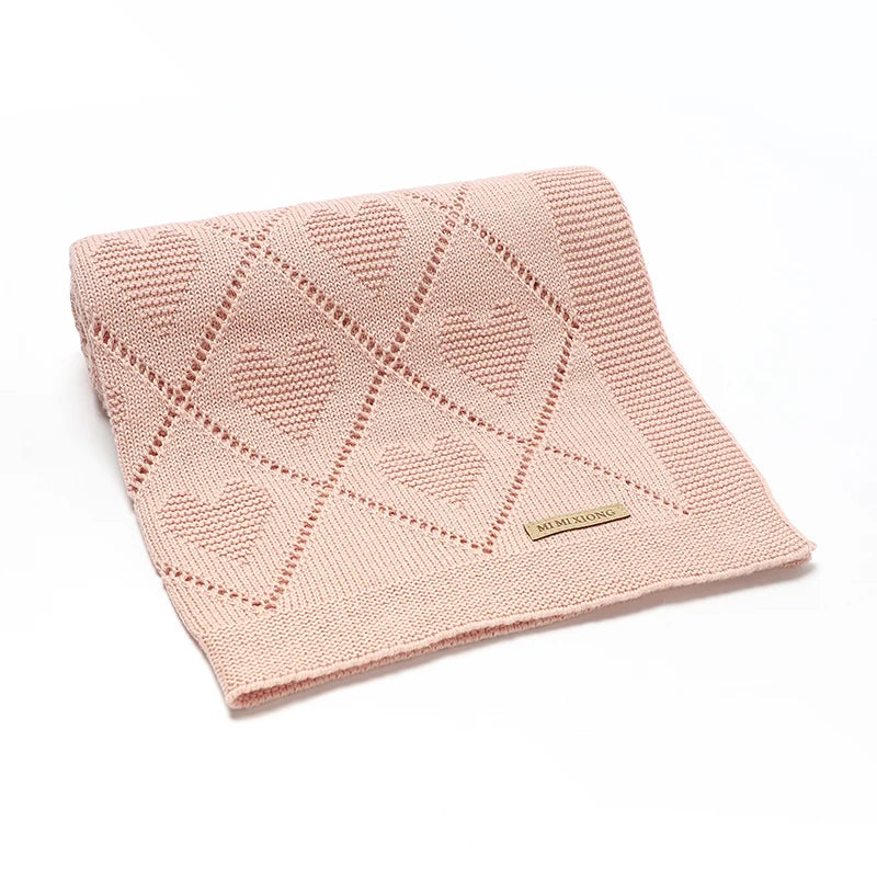 Knitted baby blanket cotton with hearts – 90x70 cm – for crib, stroller &amp; swaddle