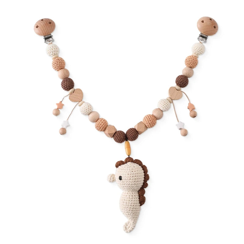 Wooden baby gym or stroller hanger – crocheted animals &amp; beads