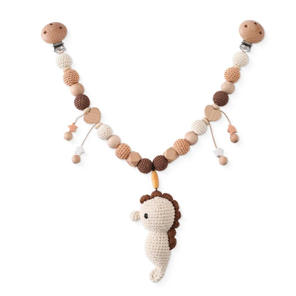 Wooden baby gym or stroller hanger – crocheted animals &amp; beads