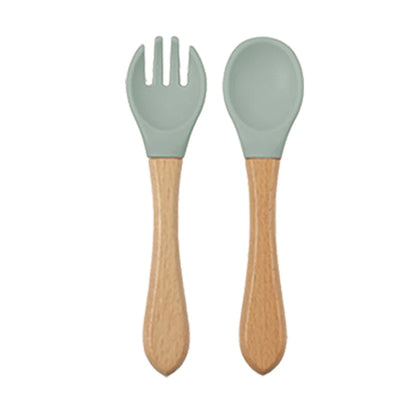 Baby silicone dinner set – plate, bowl, wooden spoon &amp; fork – BPA-free &amp; non-slip
