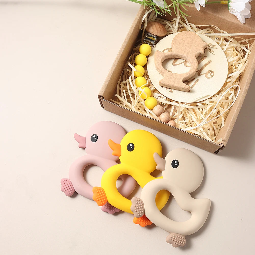 Baby gift set – duck teether, pacifier clip, bib &amp; wooden rattle – maternity gift in gift box