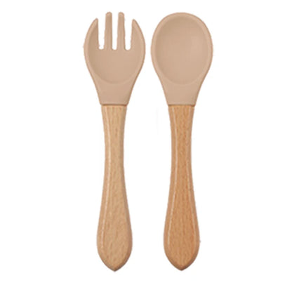 Baby silicone dinner set – plate, bowl, wooden spoon &amp; fork – BPA-free &amp; non-slip