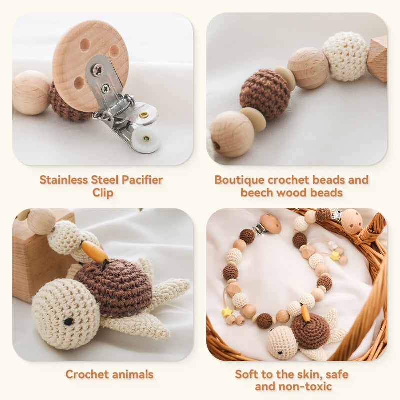 Wooden baby gym or stroller hanger – crocheted animals &amp; beads